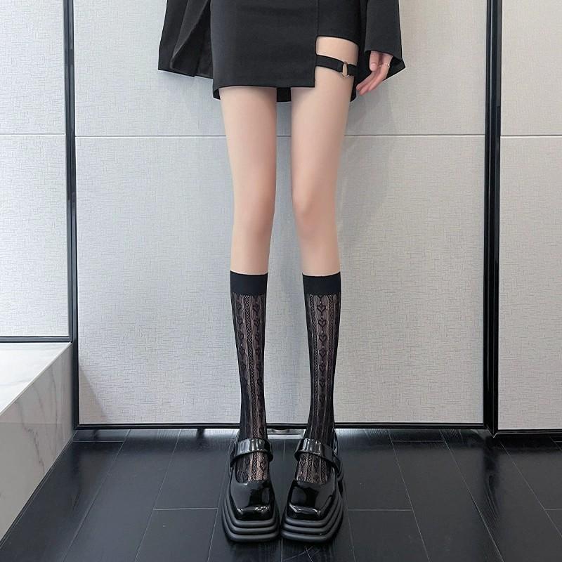 Japanese Lace Stockings Children Thin Mid-Calf Length SocksinsTrendy Hollow Heart Jacquard White Calf Socks Mesh Stockings Stude