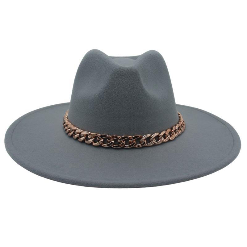 Big Brim Gold Acrylic Chain Felt Hat Solid Color Cashmere Jazz Hat French Top Hat