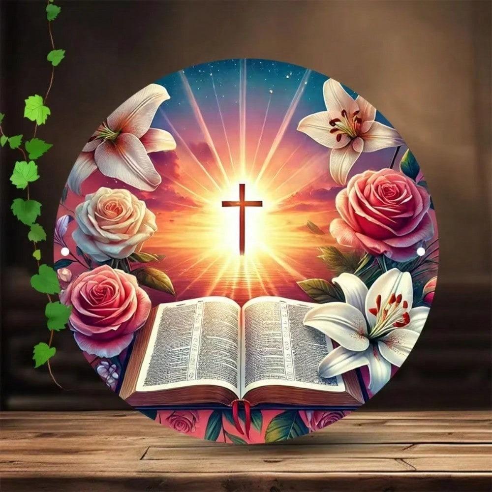 Metal Wall Art Vintage Floral Cross Pink Roses White Lilies Home Decor