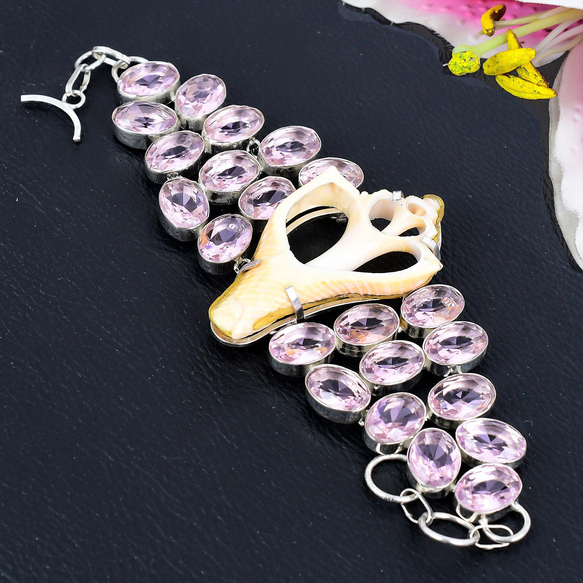 

Sea Shell, Kunzite Gemstone Handmade 925 Sterling Silver Bracelet 7-8 KG-1829