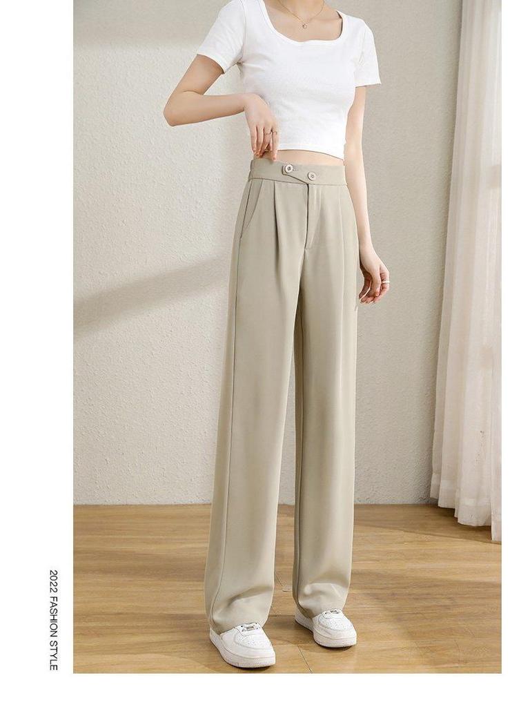 Women's Spring/Summer High Waist Apricot Wide Leg Draping Pants - Loose, Floor-Length, Petite Fit
