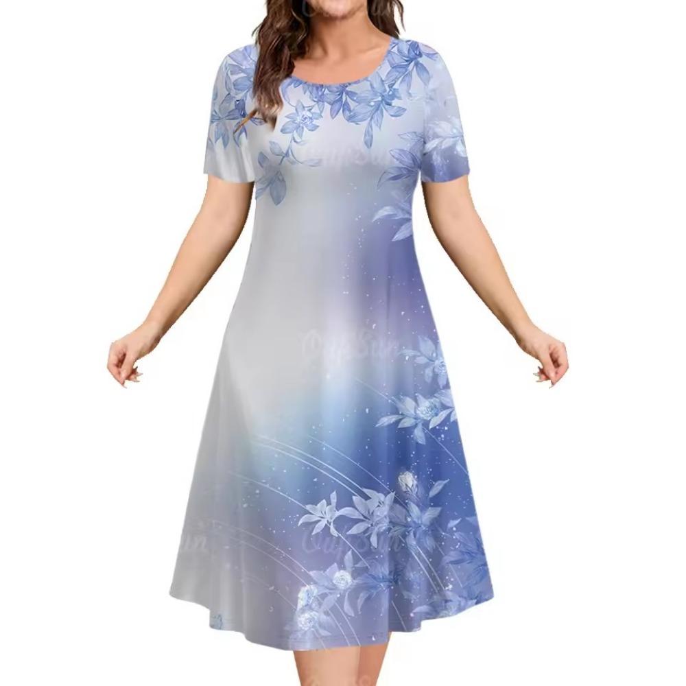 Summer Floral Print Dress round Neck Short Sleeve A-Line Skirt Elegant Women's Floral Skirt Casual Chic Lady's Clothing