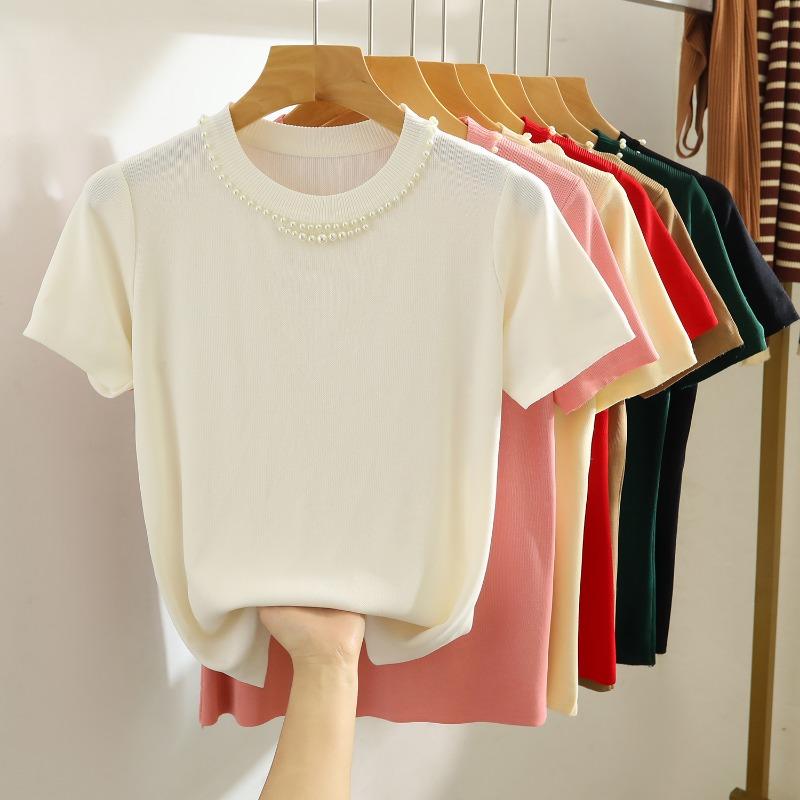 Fashion Short Sleeve Loose Knitted T Shirt Women Summer New Beading Round Neck Casual Women's T-shirt Tops Elegant Slim Fit Simple Woman Tee 26235