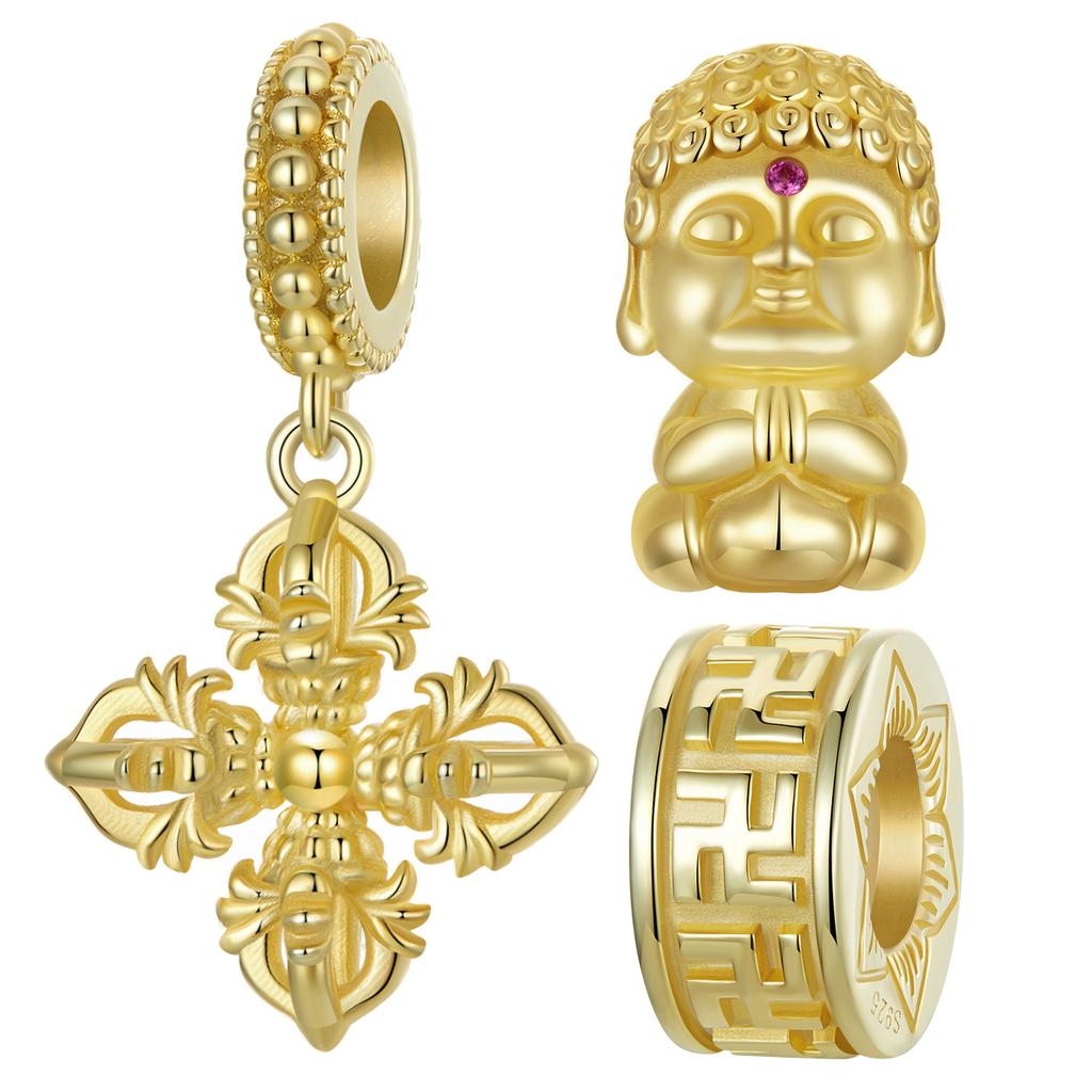 Gold Element Small Golden Buddha 925 Sterling Silver Accessories Vajra Pestle Swastika Diy Beaded Bracelet