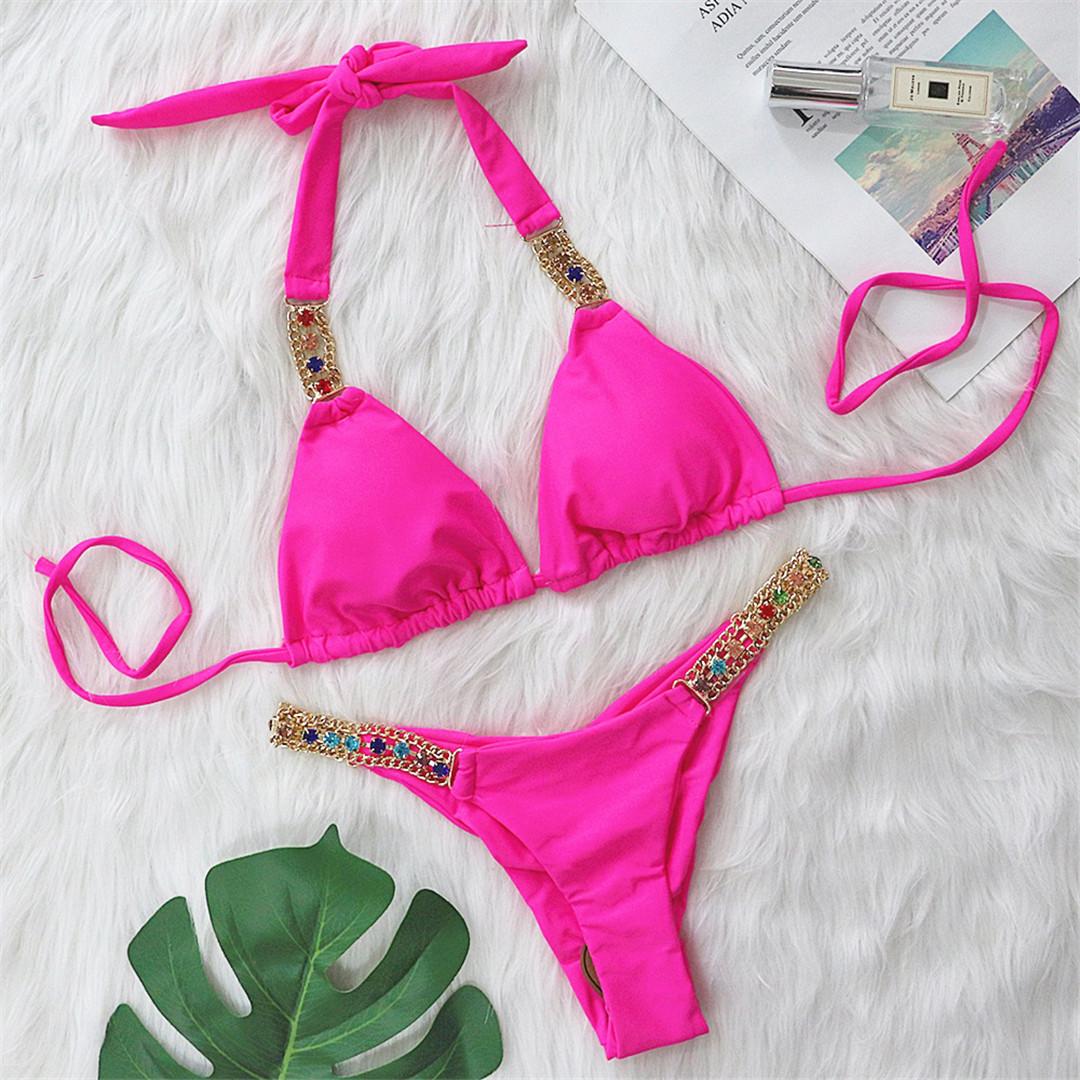 

Роскошные блестящие украшения со стразами, бикини с лямкой на шее, женский купальник, женский купальник, комплект бикини из двух предметов, купальный костюм для плавания S розовый