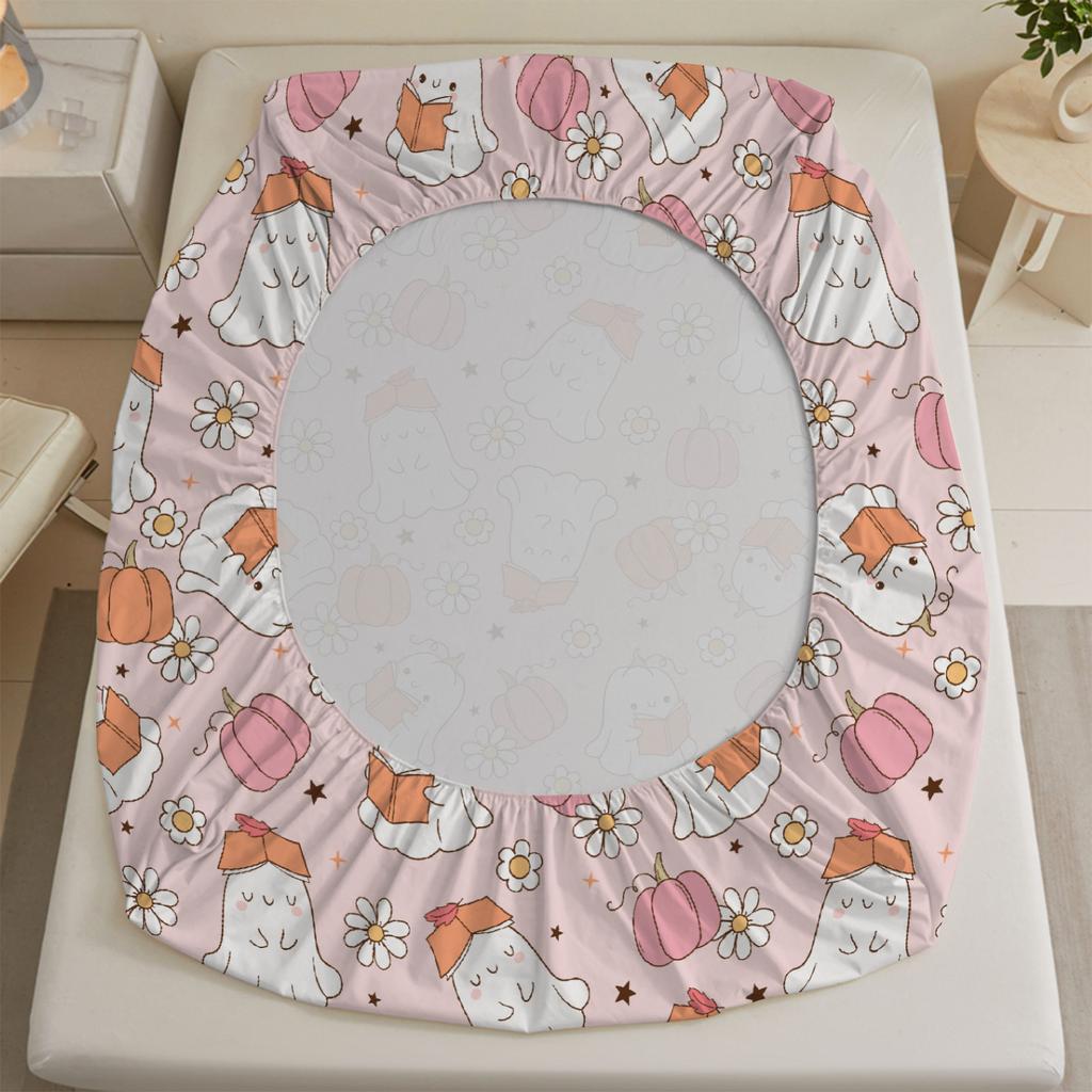 1pcs Ghost Pink Pumpkin Fitted Sheet Bedroom Halloween Theme Digital Printed 100% Polyester Cozy Bed Cover (No Pillowcase)