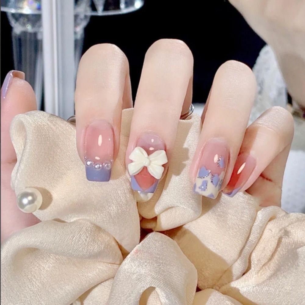 

24pcs Detachable Sweet Full Cover Cute Fake Nails French Long Ballerina Pink