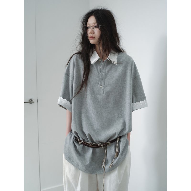 

Vermo Loose Soft and Comfortable Embroidered Collar Patchwork Roll Sleeve Polo Shirt Short sleeve T-shirt Flower Gray M