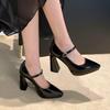 Women Platform Mary Janes Pointed Toe High Chunky Heels Pumps Office Party Dress Wedding Red White Ladies Patent Leather Elegant