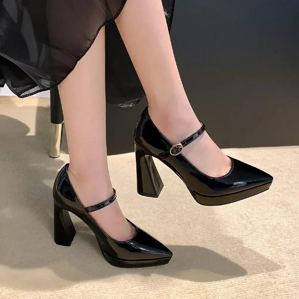 Women Platform Mary Janes Pointed Toe High Chunky Heels Pumps Office Party Dress Wedding Red White Ladies Patent Leather Elegant