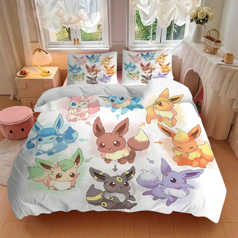 3pcs Adorable Pokémon Quilt Set Cartoon Themed Bed Quilt Set Lovely Character Bedroom Decor Bed Quilt