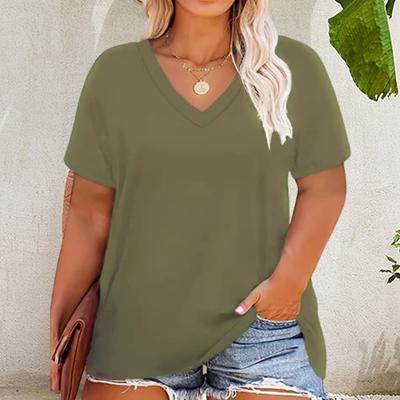 Women T-shirt V-neck Short Sleeve Loose Fit Tee Shirt Solid Color Casual Breathable