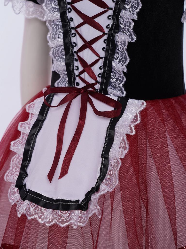 Mädchen Puffärmel Schichtkleid Tüllkleid Spitzenbesatz Samt-Oberteil Schnürung am Rücken Ballett Kostüm
