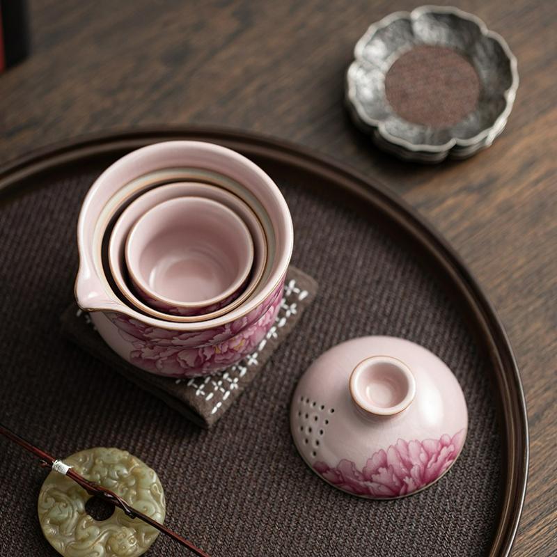 Handmade Pink Ru Kiln Tea Set Portable Ceramic Kung Fu Teacup Teapot Teaware Outdoor Travel Teaset Accessories Decoration Gift