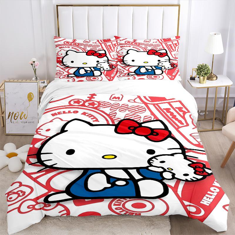 3pcs Cute Hello Kitty Design Printed Quilt Set Soft and Comfortable Quilt Cover for Bedroom, Guest Room Bedding Set W022