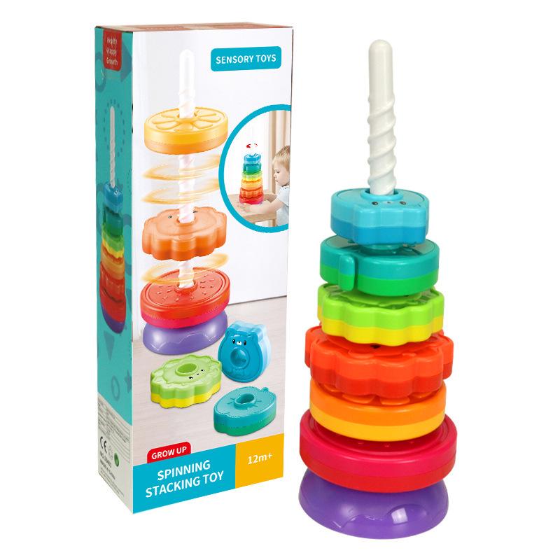 Yiying Cognitive Rainbow Rotating Tower Toy for Toddlers - Educational Geometric Stacking & Spinning Rings