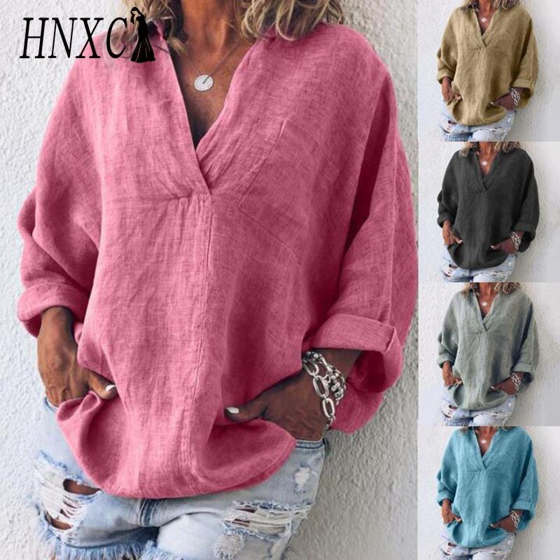 HNXC Damenmode, lässig, einfarbig, langärmelig, V-Ausschnitt, Blusen und Hemden
