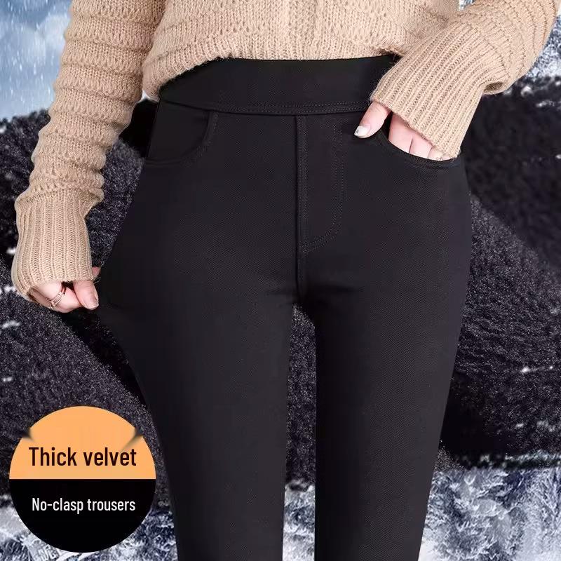 New 2025 Plus Size Women's Fleece-Lined High Waist Black Leggings - Thickened, Skinny Fit for Autumn and Winter