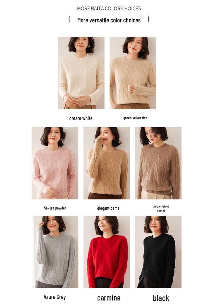 Women's Cozy Cable Knit Cashmere Sweater: Soft, Loose, Round Neck Pullover for Autumn/Winter