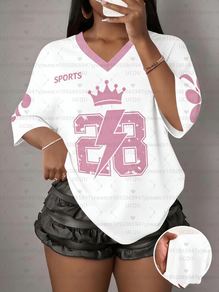 Women's NO.28 Print V-Neck Short Sleeve T-Shirt Summer Graphic Tee Baseball Jerseys Plus Size Sport T-Shirt