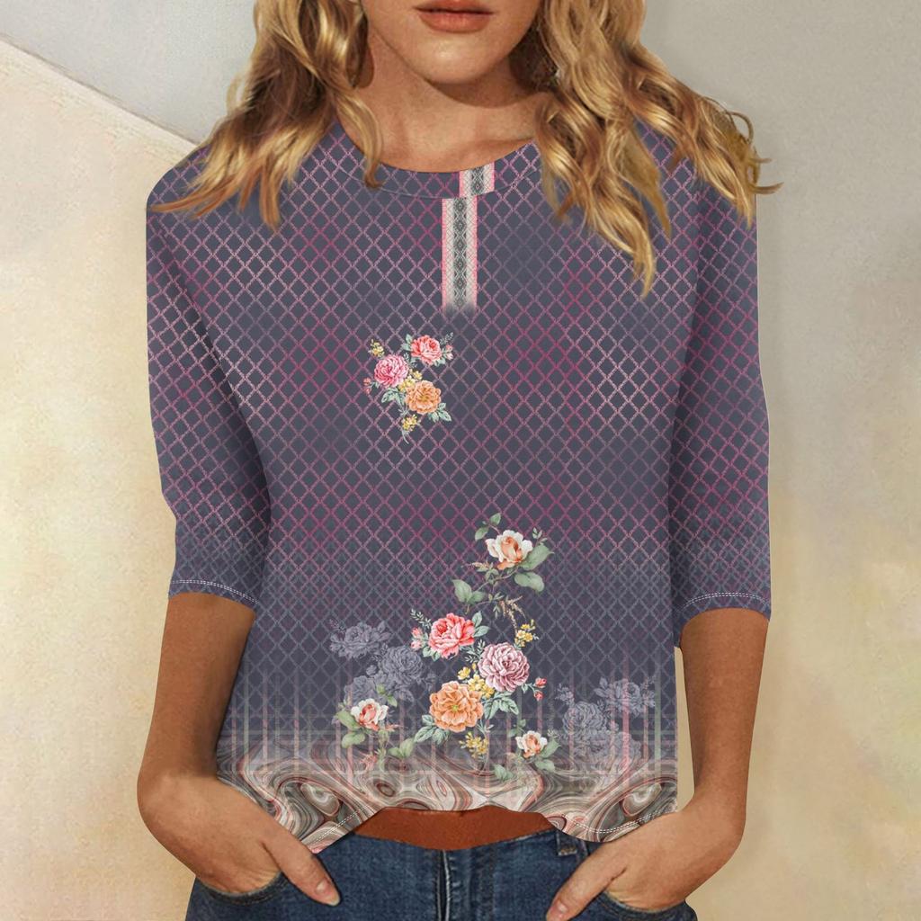 Modisches, lässiges Damenoberteil mit dreiviertel Ärmeln und Blumendruck und Rundhalsausschnitt