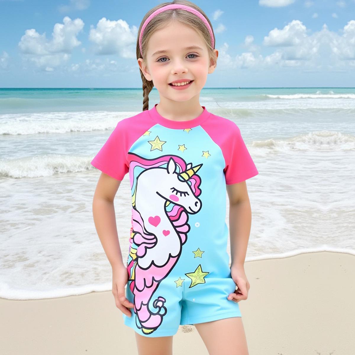 

Girls Rainbow Horse One-Piece Swimsuit 2025 - Short-Sleeve, Quick-Dry with Zipper 7 Years небесно-голубой