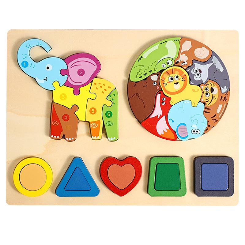 Cpc Drei-in-Eins Dreidimensionales Puzzle, Kinder Früherziehung Geometrische Form Tiererkennung Puzzle Holzspielzeug