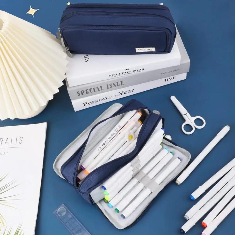 Pencil Case Large Capacity Storage Bag 3 Compartment Pouch Double Side Opened Student Stationery Box Desk Organizer Stain Resistant Stationery Bags
