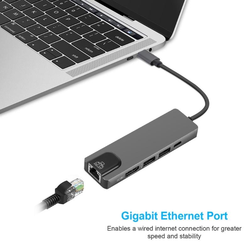 Portable 5/8 In 1 Type C Adapter with 4K USB HDMI2.0 Output and Gigabit Ethernet for Laptops and Gaming Consoles