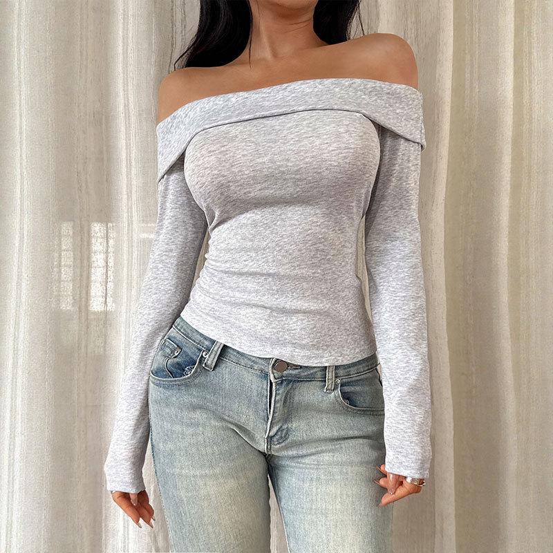 Baifen Zhi Yi European & American 2025 Spring/Autumn Sexy Slim-Fit Solid Color Off-Shoulder Long Sleeve T-shirt