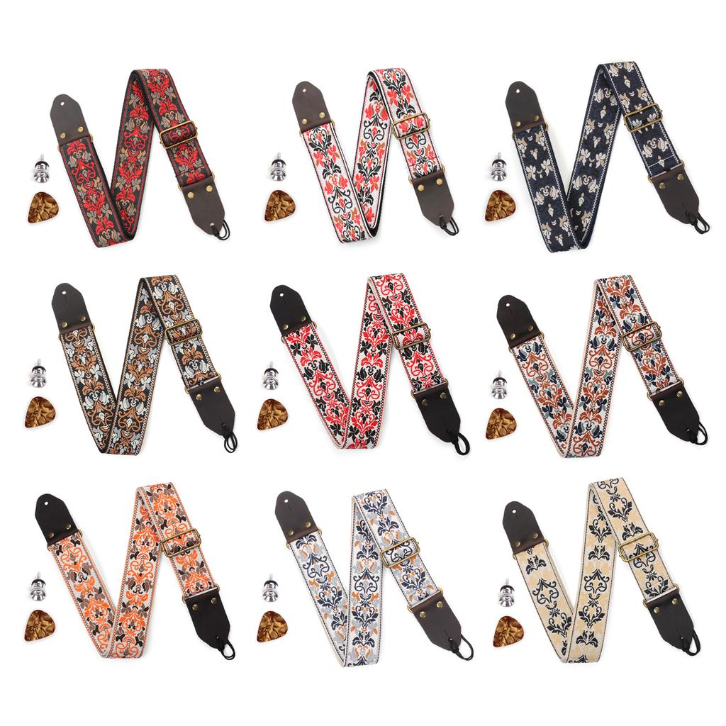 Adjustable Guitar Strap Embroidered Nylon Shoulder Strap Leathers End Guitar Straps for Bass, Electric & Acoustic Guitar