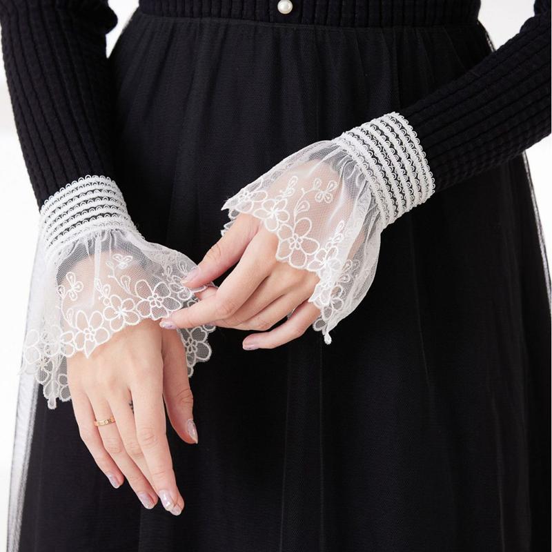 

Женский свитер с накладными рукавами, ажурный, вязаный крючком, с цветочным кружевом, рукава-раструбы, вышивка, оборки, митенки для согревания рук One Size