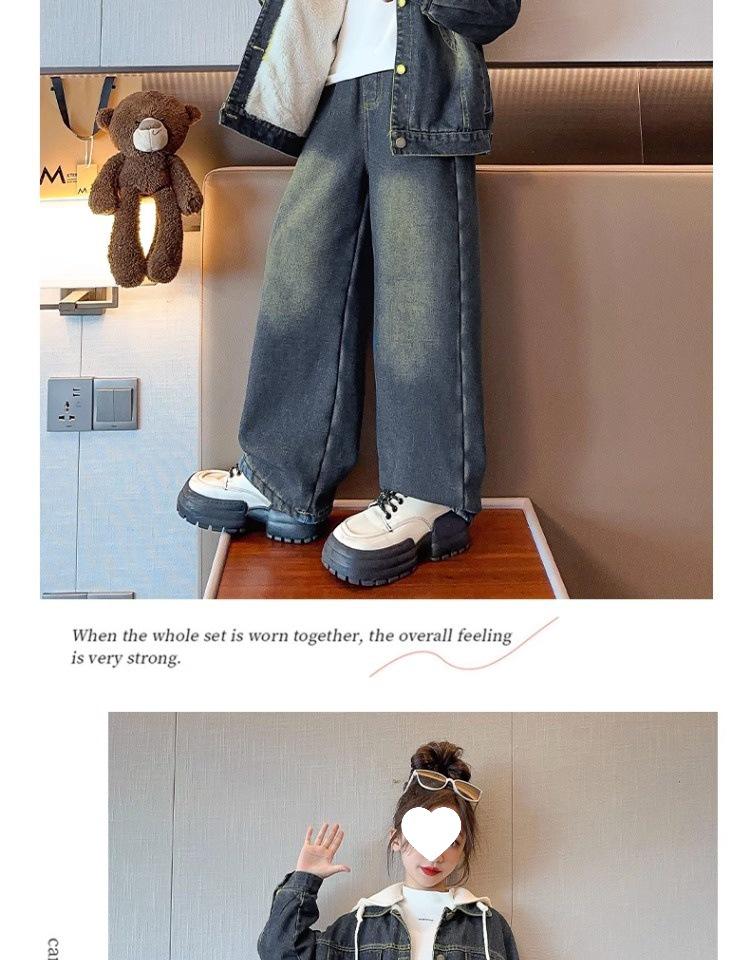 2025 Girls' Fleece-Lined Denim Two-Piece Set - Trendy Autumn/Winter Fashion for Middle and Big Kids