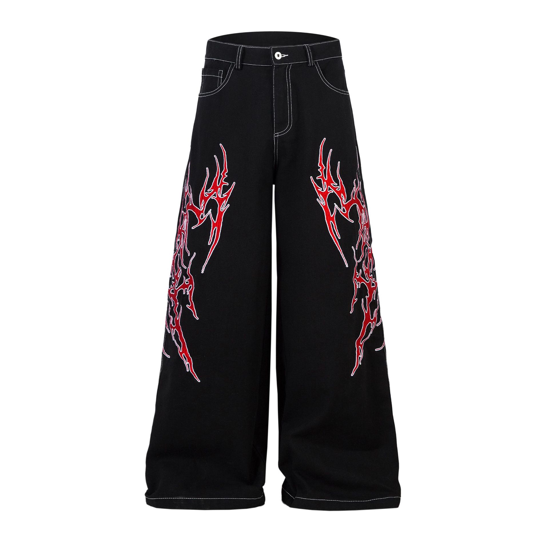 Men s Jeans American Retro RO Style Heavy Embroidered Jeans Wide Leg Pants M чёрный