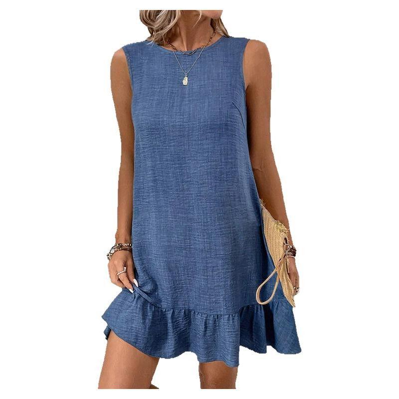 

European and American Fashion Frill Hem Knee-Length Short dress Women 2025 Summer New Solid Loose Sleeveless Dress Women Blue XL code fits (70.00 kg-75.00 kg
