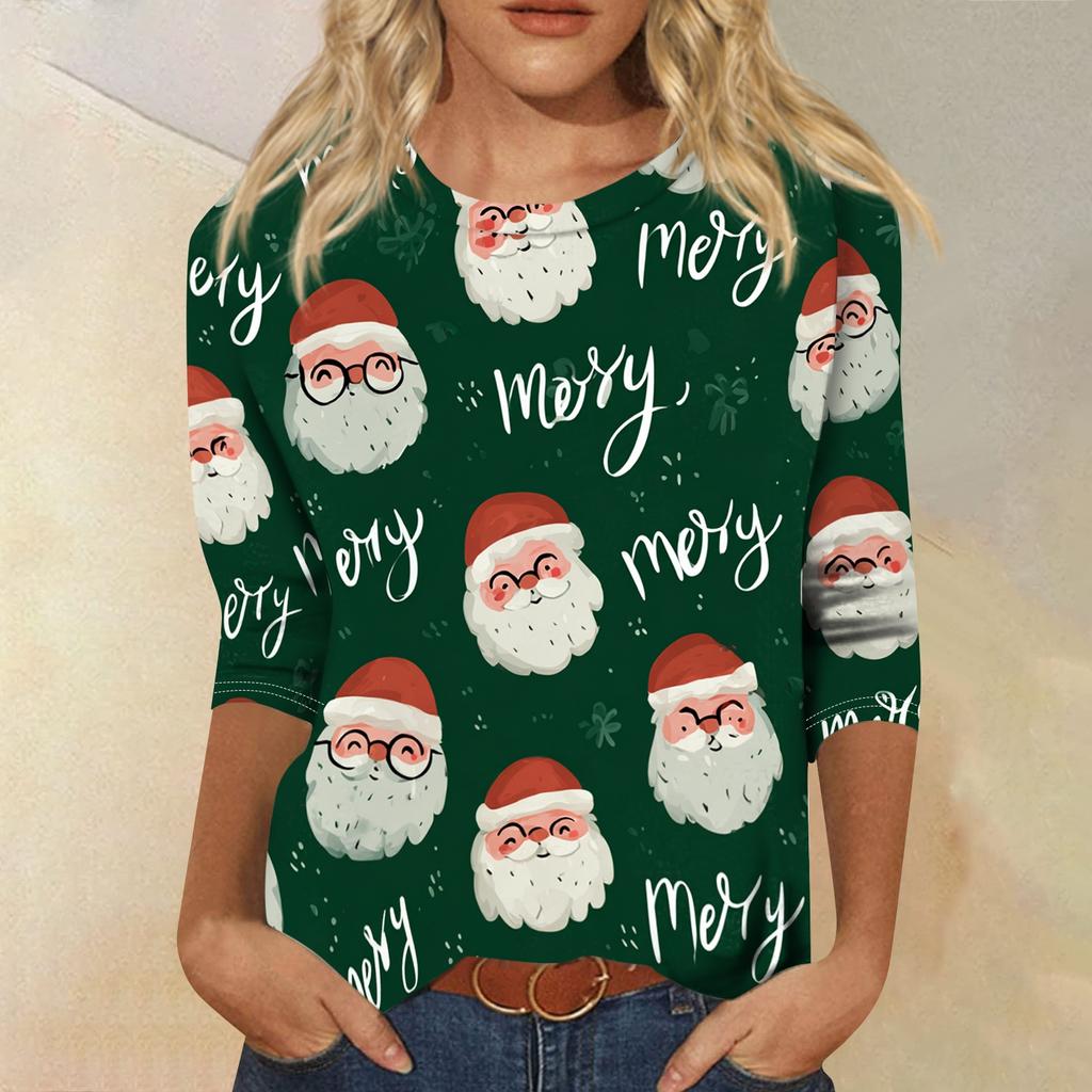 Women's Casual Christmas Print Three-Quarter Sleeve Round Neck Loose Fit Shirt
