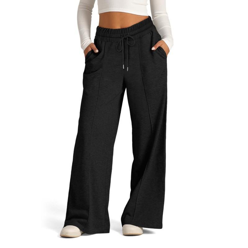 Womens High-Waist Drawstring Wide-Leg Casual Pants Slim Fit Solid Color Lightweight Stretch Trousers 2026 Winter