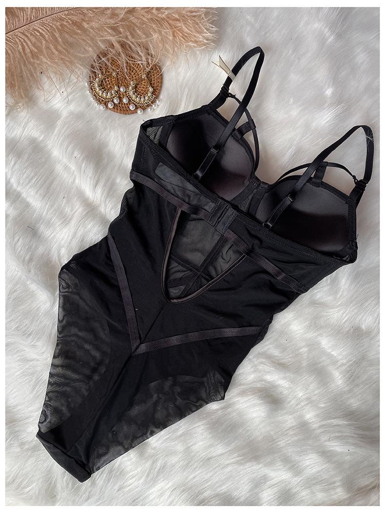 Body francés Sexy de encaje, juego de Sujetador push up, vendaje clásico de malla, vestido ceñido transparente, ropa interior para mujer, monos huecos tentación