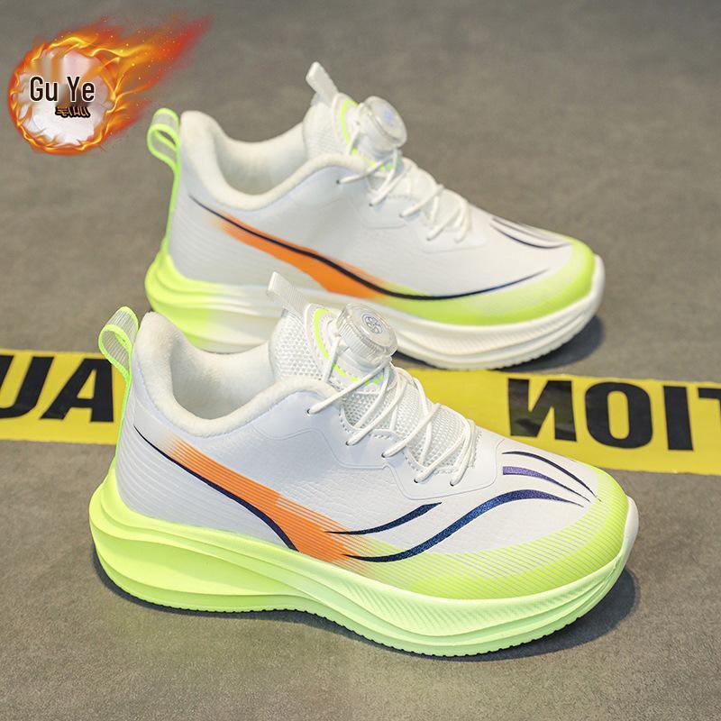 Boys' Winter 2025 Fleece-Lined Leather Running Shoes for Medium & Large Children, Warm Sports Cotton Shoes