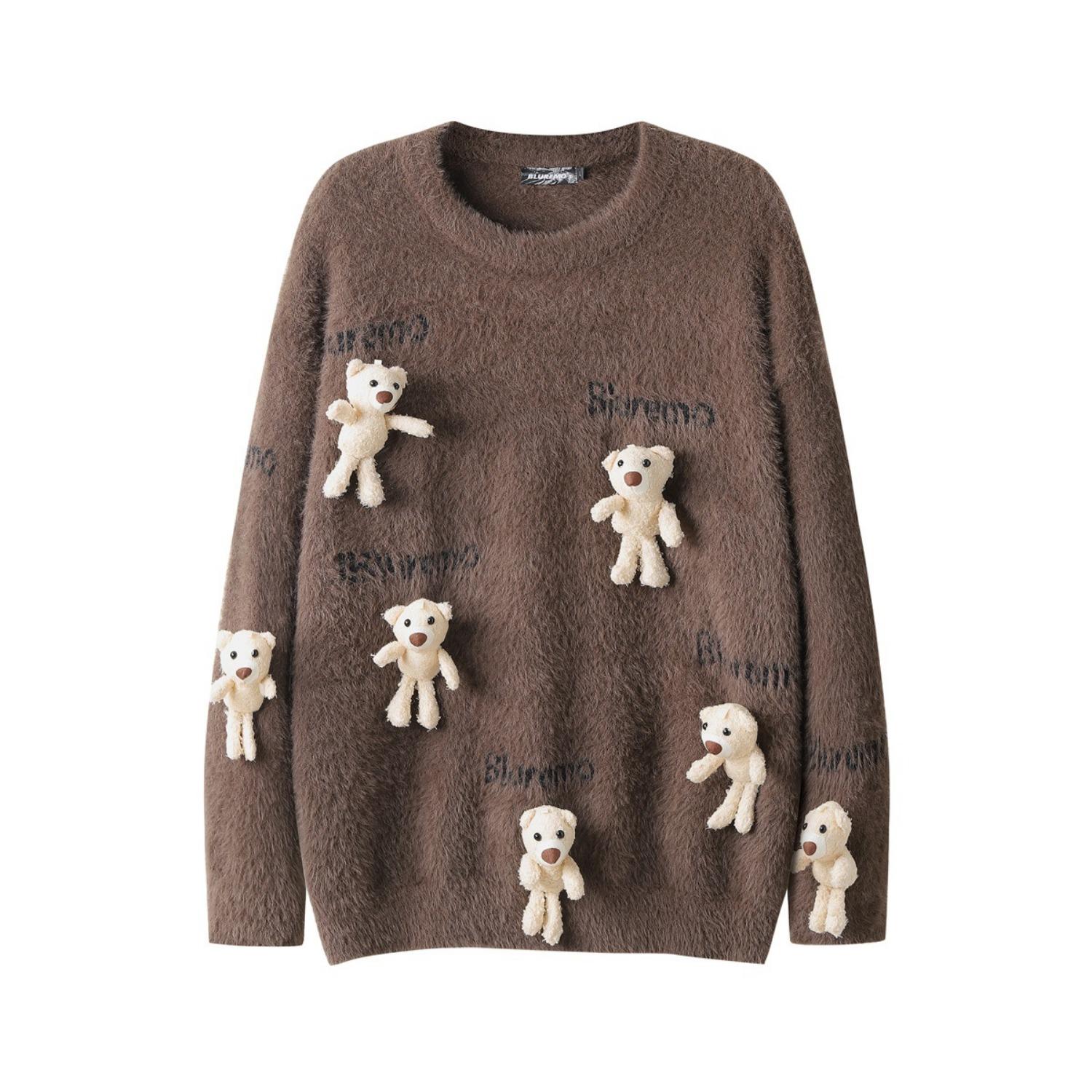 

BLUREMO Autumn and Winter New Fun Cartoon Bear Doll Knitted Sweater Letter Jacquard Crew Neck Loose Sweater XXL