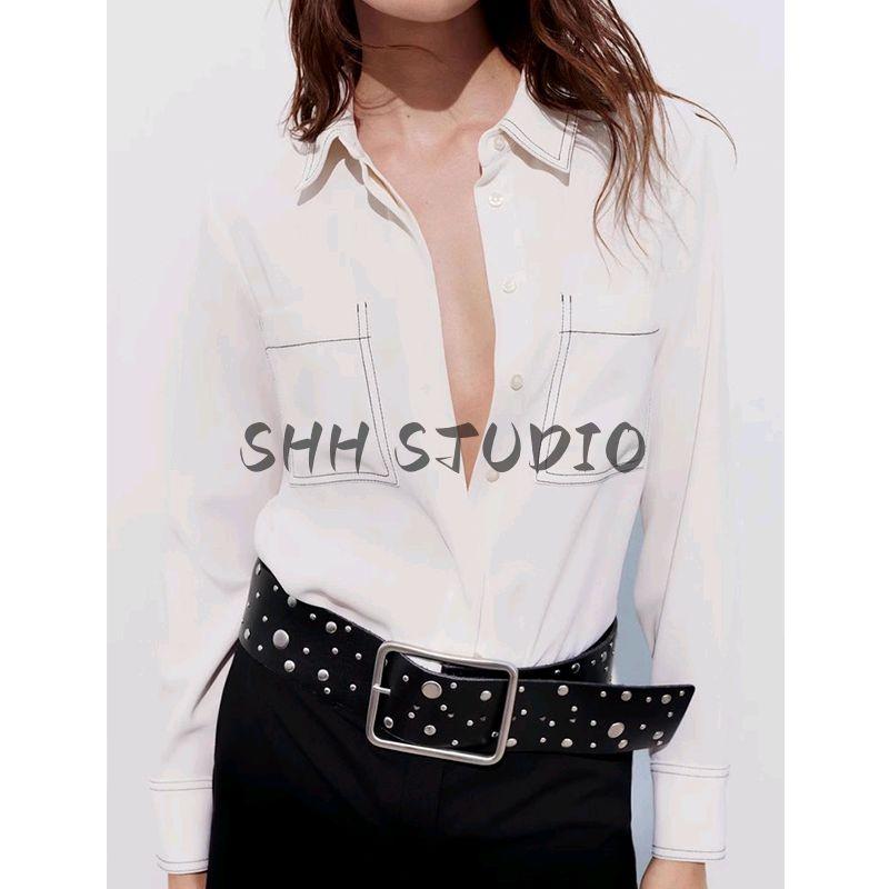 Spring New Women's Clothing French Sweet Lapel Long Sleeves Contrast Color String Decoration Tops Shirt 7484063
