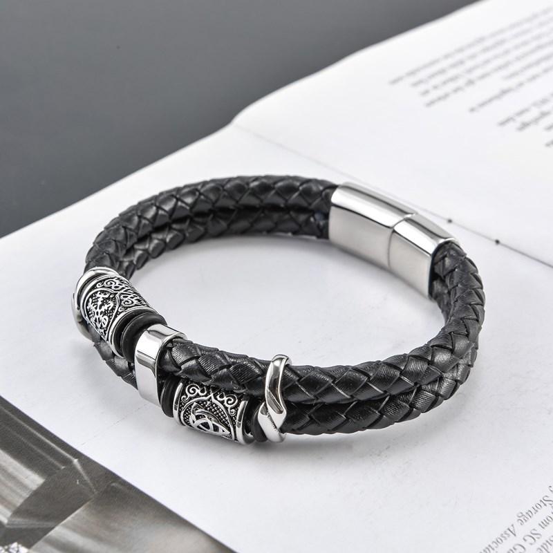Viking compass Norse Runes Amulet Double-Layer Stainless Steel Men's Leather Bracelet Norse Mythology Jewelry