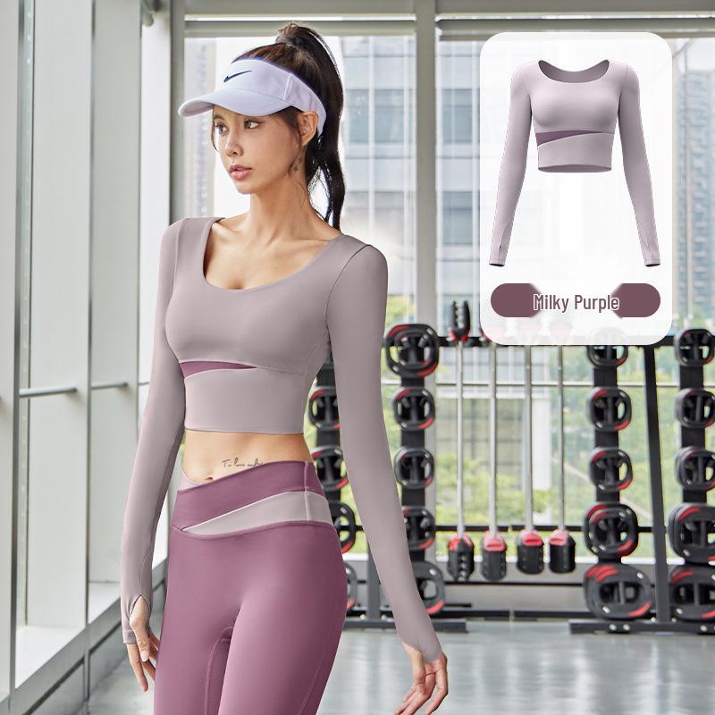 Peach Color Block Seamless Long Sleeve Yoga Top - Shockproof Nude Feel, No Bra Needed S