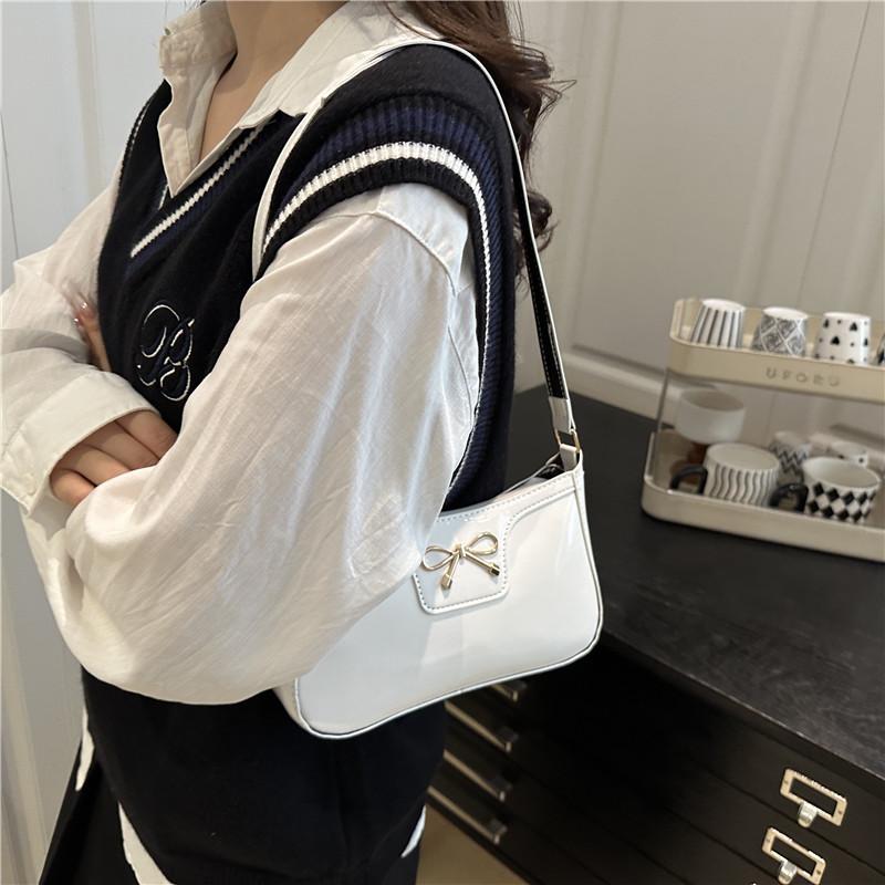 Retro Bow Women Pu Leather Shoulder Bags Simple Solid Color Ladies Underarm Bag Purse Lightweight Portable Female Phe Handbags
