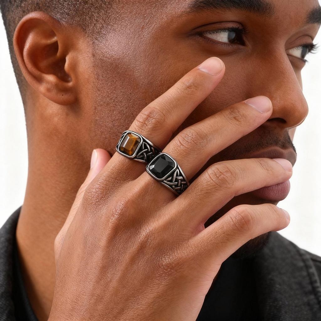 Punk Viking Knot Rings for Men,Vintage Square Natural Stone Signet Ring,Retro Ethnic Rock Jewelry Gift