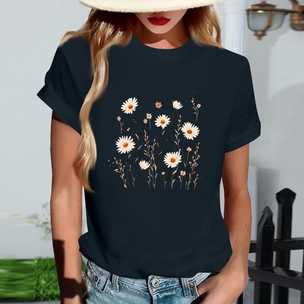 Damski modny T-shirt z krótkim rękawem z okrągłym dekoltem i casualowym nadrukiem retro