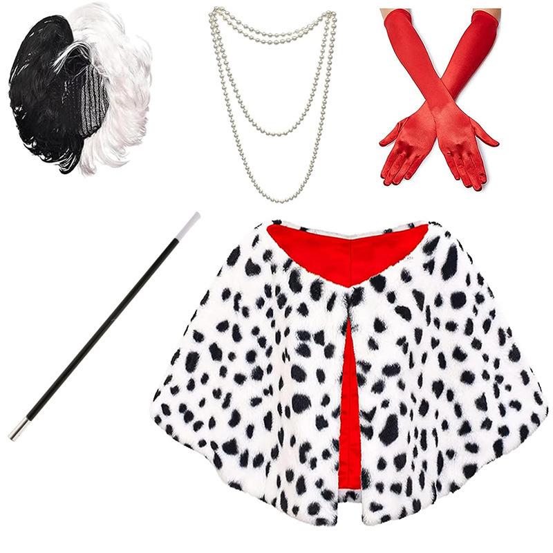 Cruella-Inspired Black & White Witch Costume Set: Shawl Cape, Dalmatian Wig, Gloves, Necklace, Party Dress.