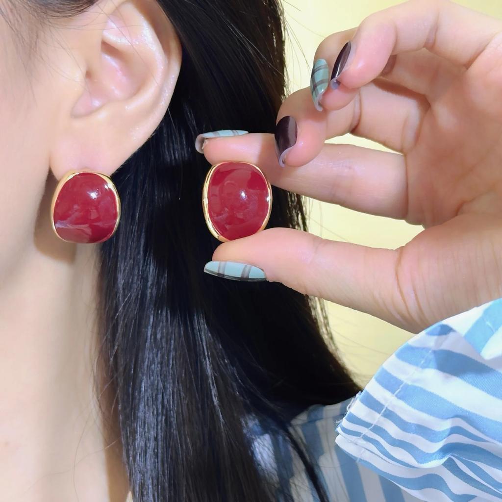 Red White Enamel Geometric Square Round Clip On Earrings For Women Party Trendy Simple No Piercing Ear Clips