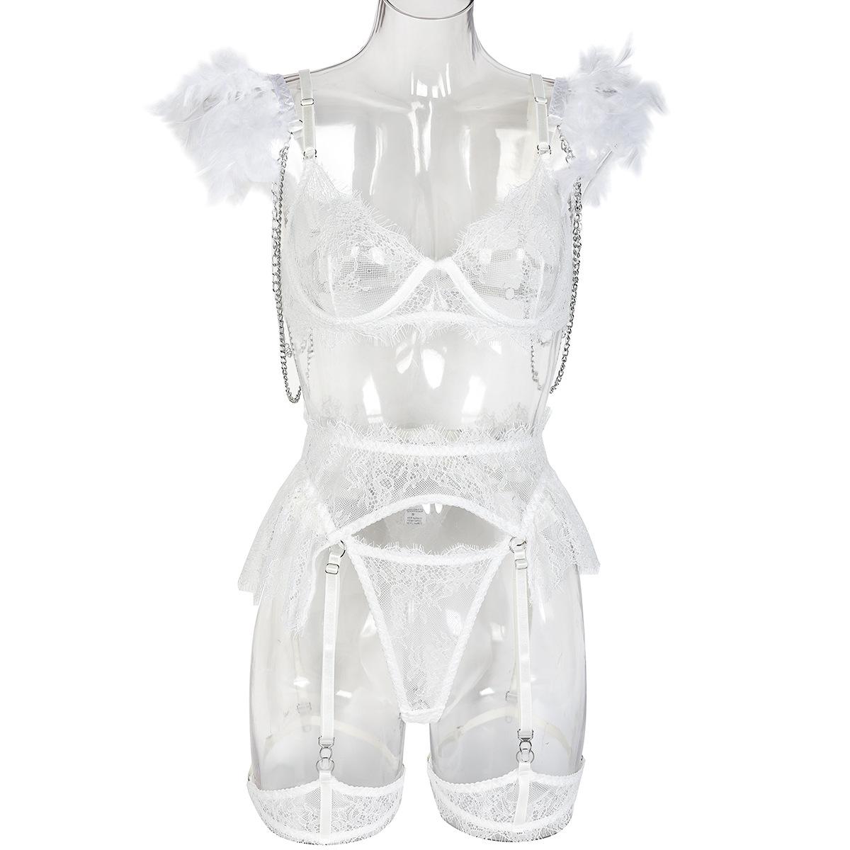 

Новое летнее тонкое женское сексуальное женское белье с перьями, нежное кружево, эротическое нижнее белье на косточках, бюстгальтер с подвязками, комплект стрингов S белый