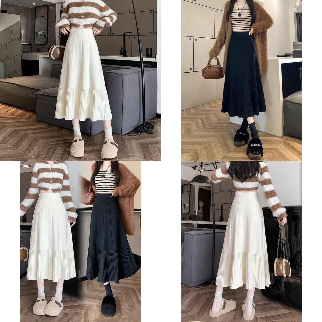 Cotton Blend Knit Midi Skirt With High Waist And Pleats For Fall Winter Fashion
